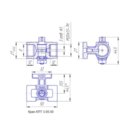 Кран для манометра 3-ходовой латунь 11б38бк/11б18бк Ду 15 Ру16 ВР G1/2"-М20х1,5 без рукоятки с фланцем ВИПРА КПТ 3.05.00