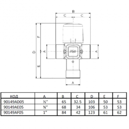 Клапан смесительный термостатический седельный латунь Ду 15 Ру10 1/2" ВР Kvs=1.5м3/ч Tн=30-60C Tmax=85С Icma 90149AD05