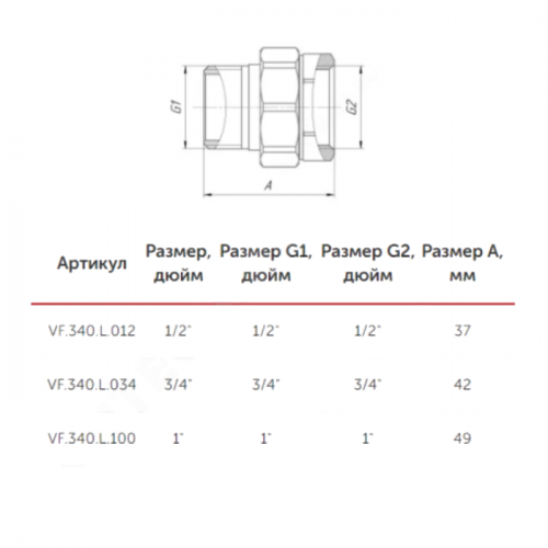 Соединитель латунь никель американка Ду 15 (1/2") прямой ВР/НР VALFEX VF.340.N.012