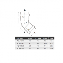Отвод НПВХ серый SDR26 Дн 160х45гр Ру10 двухраструбный напорный в/к Aquaviva AQV103160